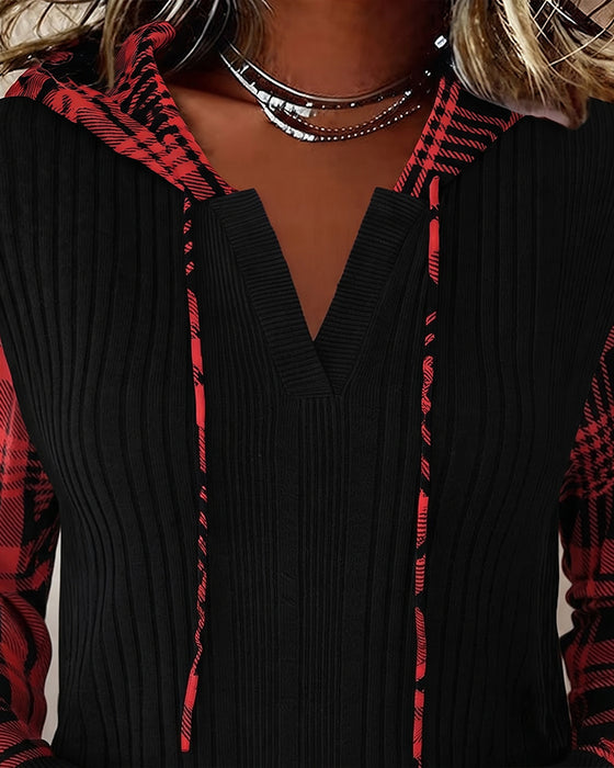 Plaid Patchwork Long-Sleeve Hoodie