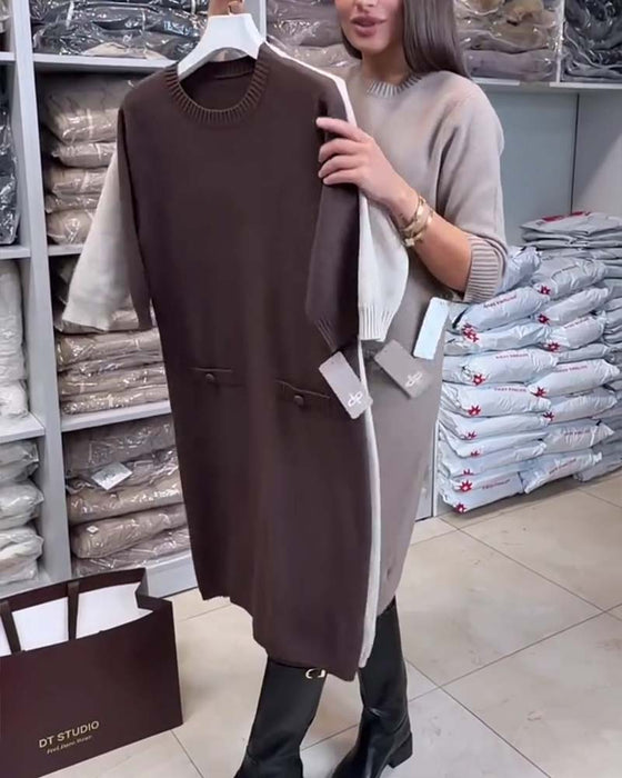Crew Neck Elbow-Length Sleeve Sweater Dress