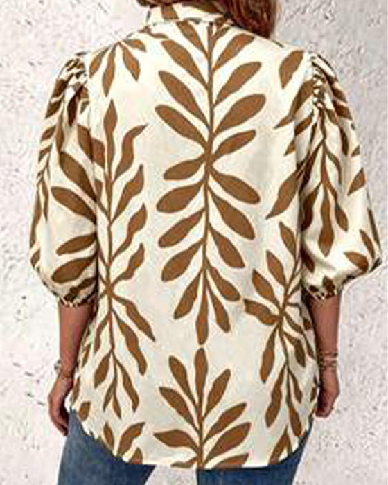 Stand Collar Leaf Print Blouse