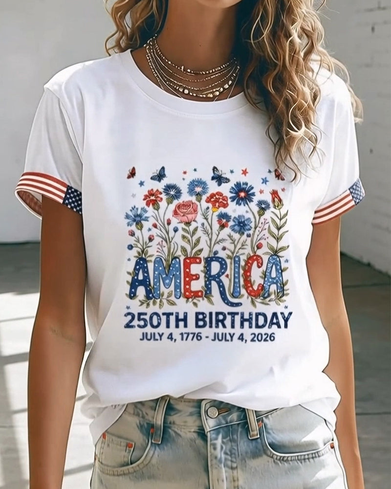 Round Neck Letter Colorful Floral Print T-Shirt