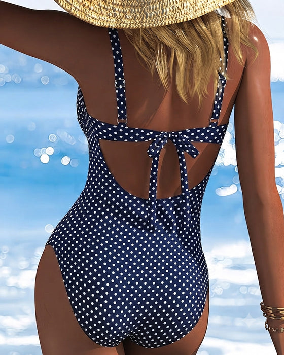Polka Dot Tie Mesh Patchwork One-Piece