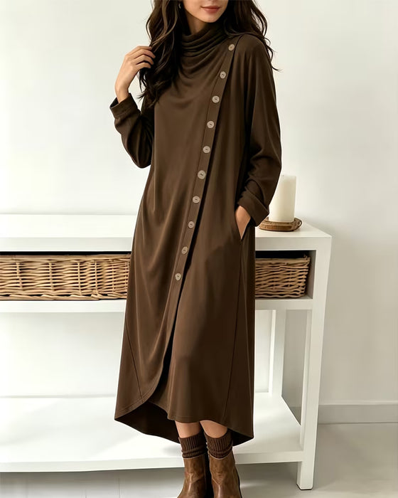 Cowl Neck Button Crossover Irregular Dress