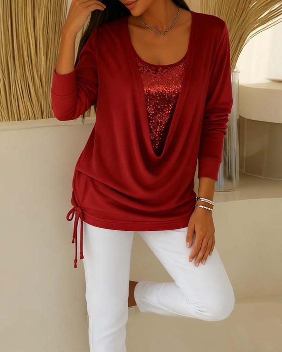 Sequin Contrast Color Faux Two-Piece Top