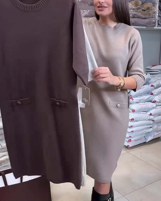 Crew Neck Elbow-Length Sleeve Sweater Dress