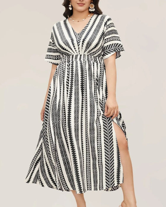 Deep V Blue White Geometric Stripe Waist Dress