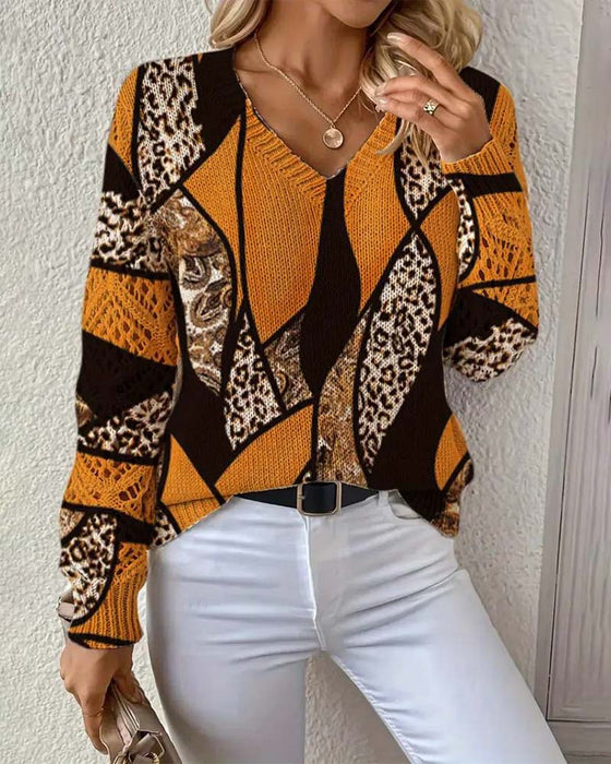 V-Neck Hollow Leopard Print Pullover