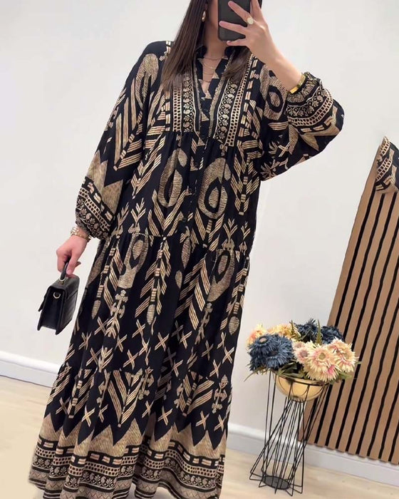 V-neck long-sleeved printed dress