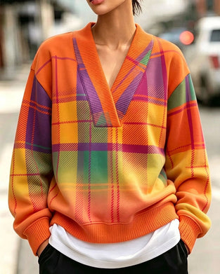 V-Neck Plaid Casual Sweatshirt
