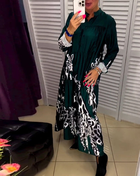 Printed button casual long dress