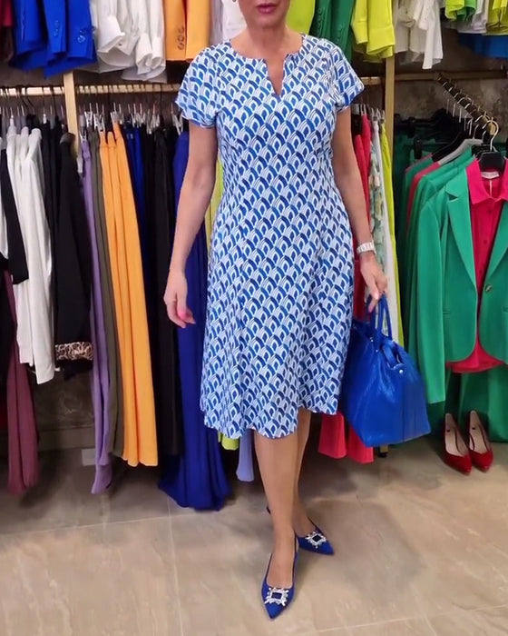Printed V-neck short-sleeve elegant dress
