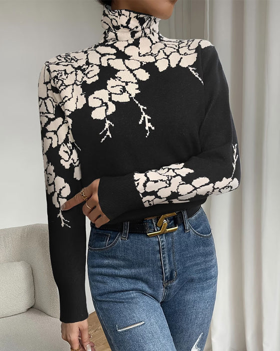 High Neck Floral Jacquard Pullover