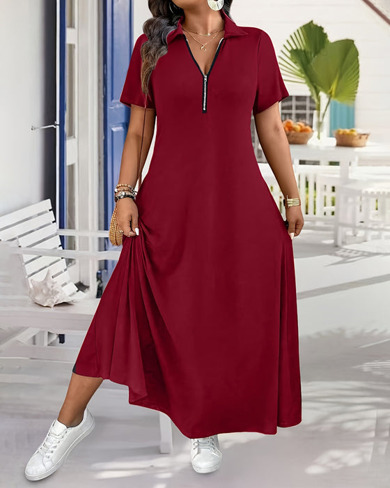Short Sleeve Solid Zipper Maxi Dress