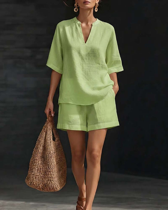 Casual Elbow-Length Sleeve Top and Shorts Set