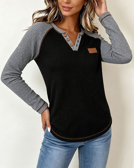 V-Neck Color-Block Button Top