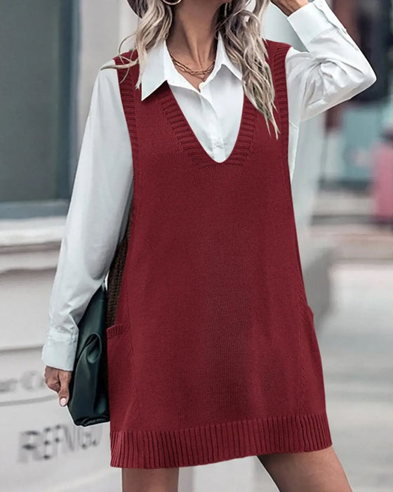 V-Neck Sleeveless Pullover Sweater Dress