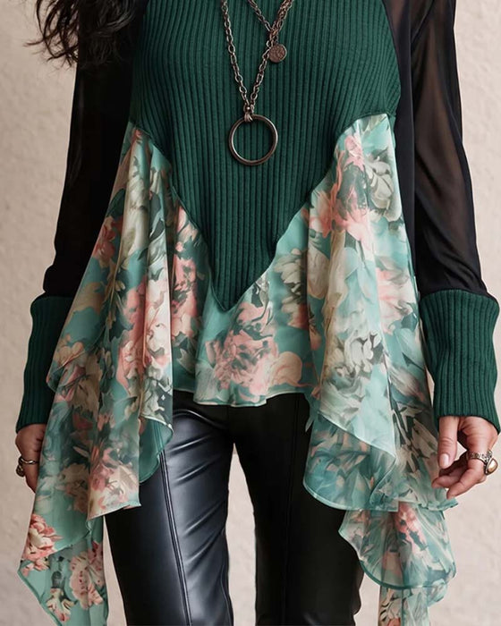 Patchwork Floral Irregular Blouse