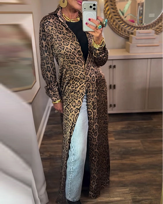 Leopard Print Slit Long Sleeve Dress