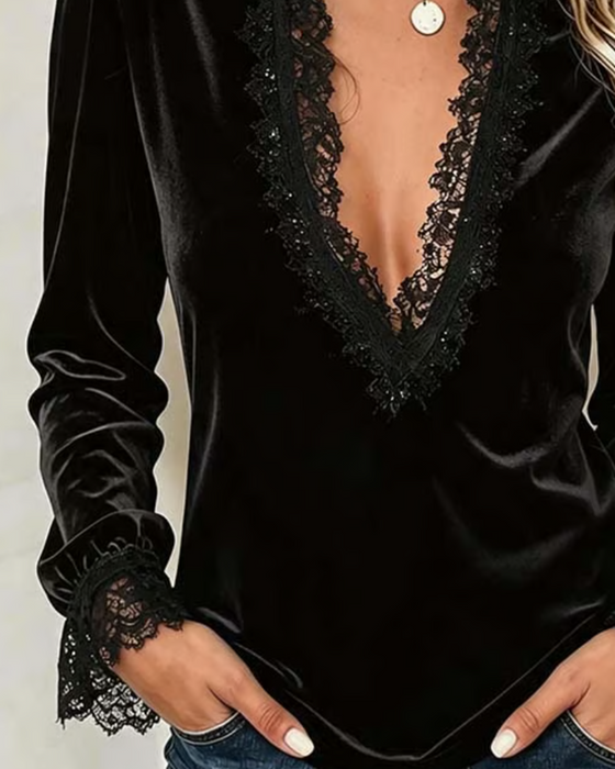 Lace Patchwork V-Neck Ruffle Top