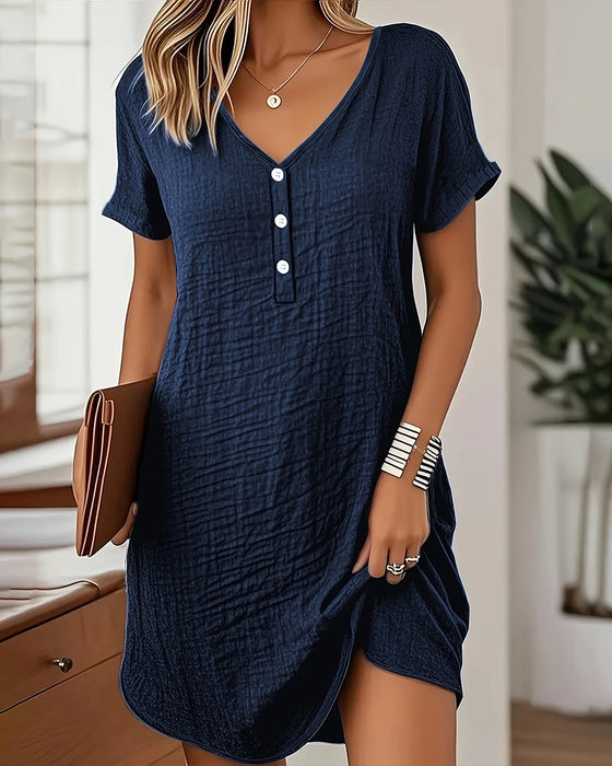 V-Neck Pleated Short-Sleeved Straight Dress