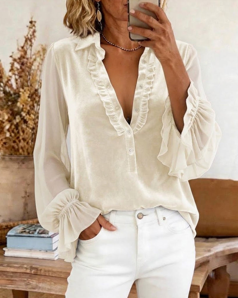 Velvet Patchwork Ruffled Sleeve Blouse