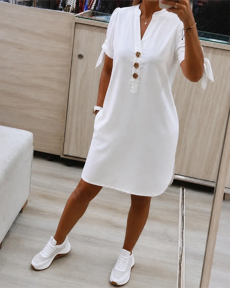 V-Neck Straight Half-Button Dress