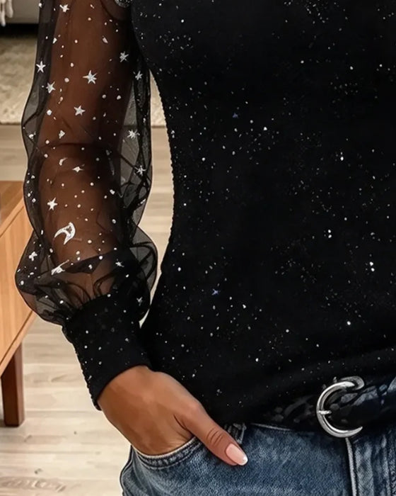 Mesh Puff Sleeve Patchwork Top