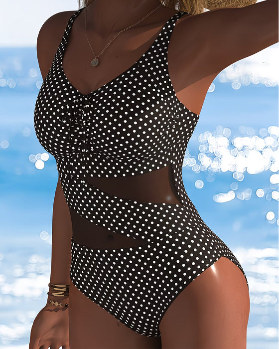 Polka Dot Tie Mesh Patchwork One-Piece