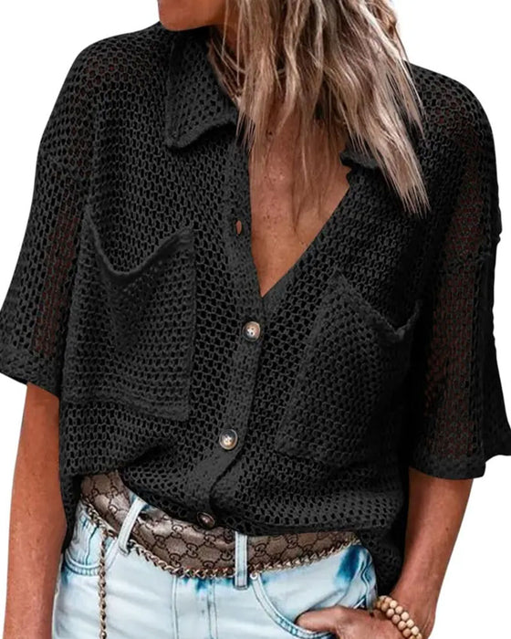 Lapel Hollow Mesh Cardigan