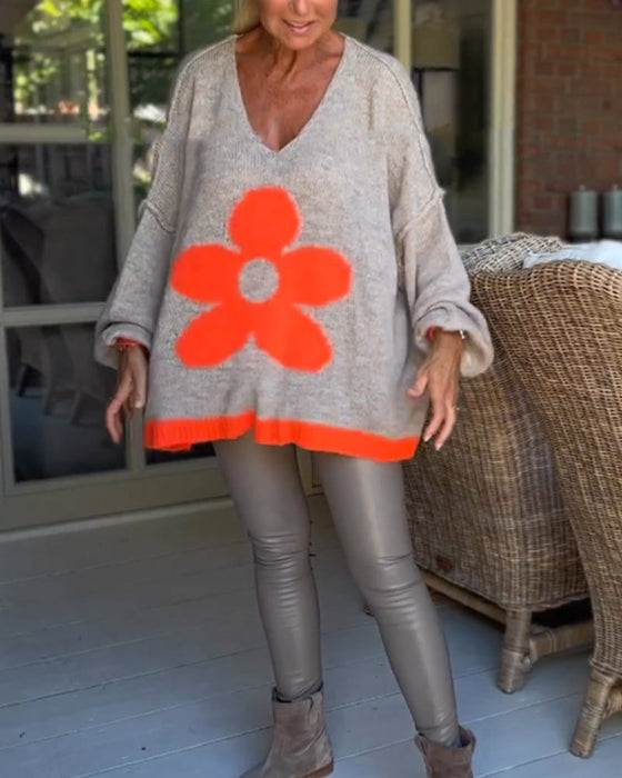 Floral pattern v-neck sweater