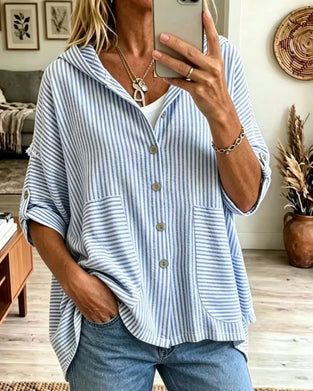 Hooded Button-Down Stripe Short-Sleeve Blouse