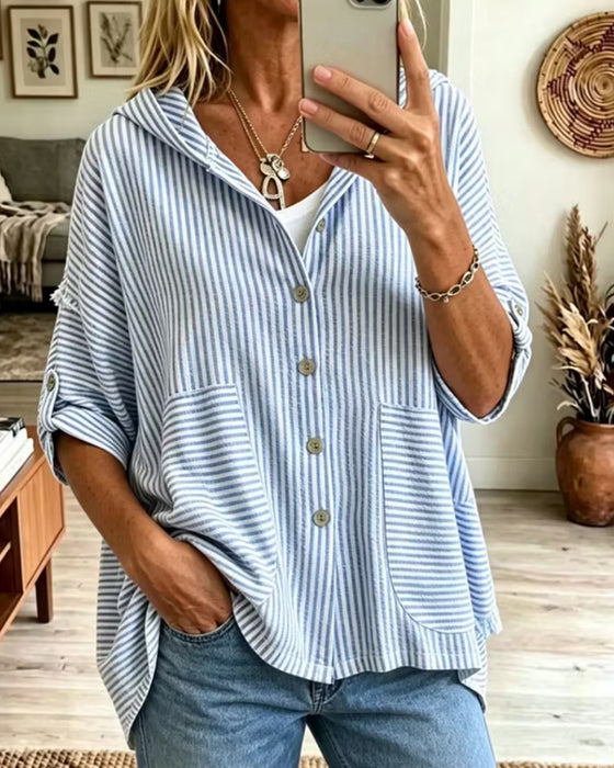 Hooded Button-Down Stripe Short-Sleeve Blouse