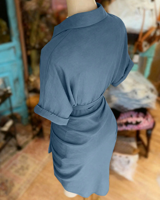 Tie Button Pleated Shirt Collar Dress