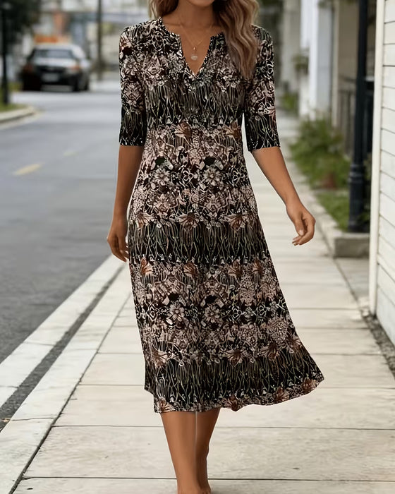 V‑neck Print Patchwork Mid‑sleeve Dress