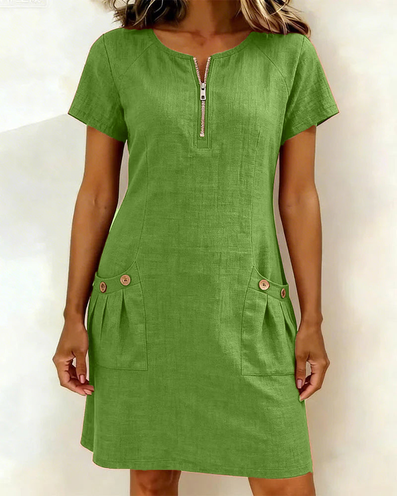 Zipper Pocket Cotton Linen Dress