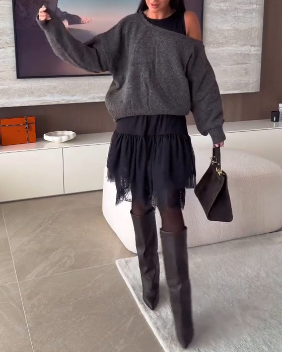 Off-Shoulder Loose Sweater & Lace Hem Dress