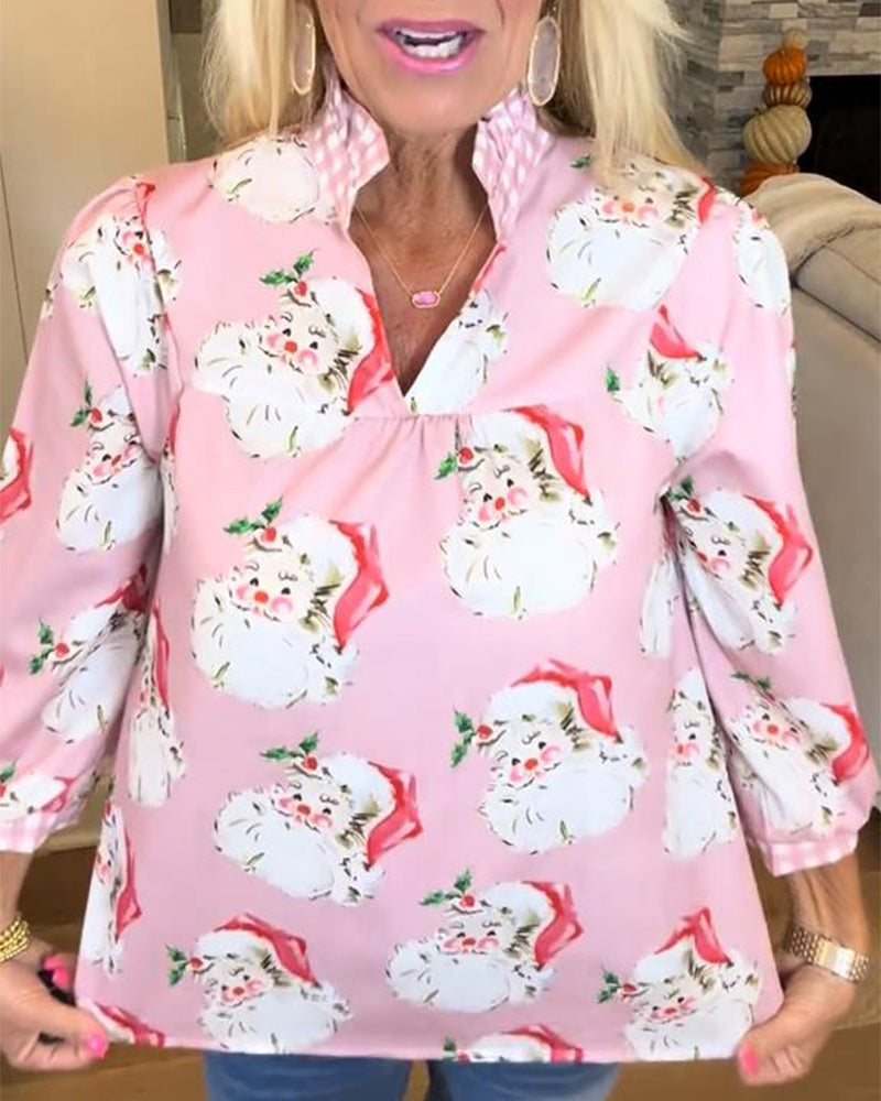 Santa Claus Print V-Neck Shirt