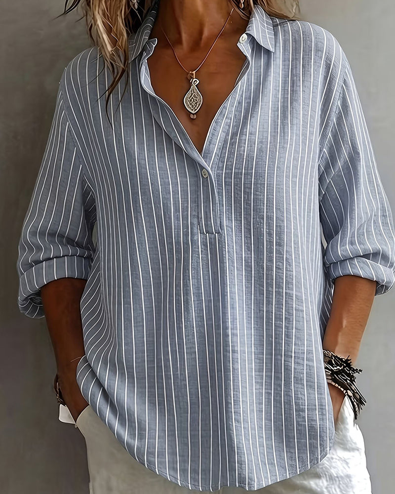 Lapel Vertical Striped Blouse
