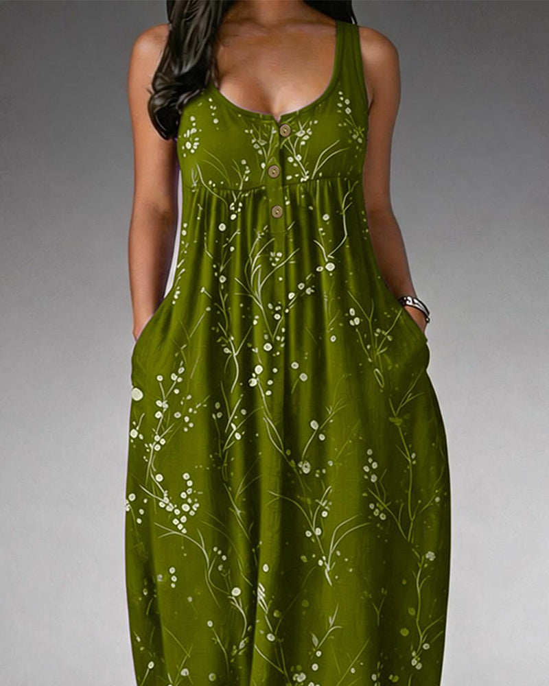 Sleeveless Button Knit Print Dress