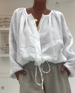 100% Cotton Long Sleeve Smocked Tie Blouse