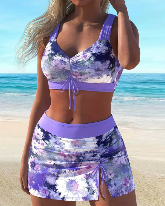 Smudged Floral Tie-Skirt Two-Piece Swimsuit