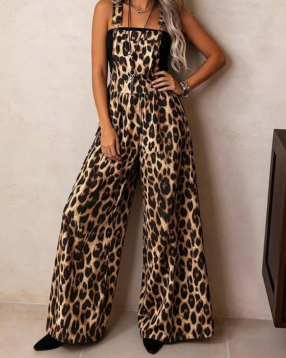 Leopard Print High-Waist Wide-Leg Strap Jumpsuit