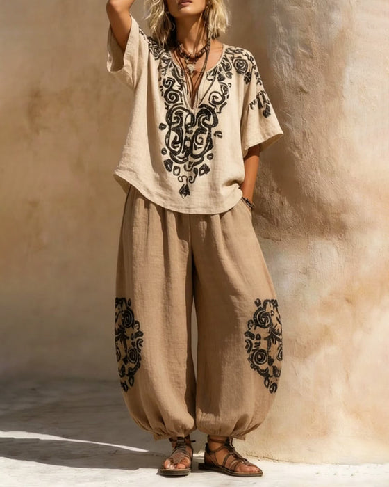 Loose Shirt + Printed Wide Leg Set