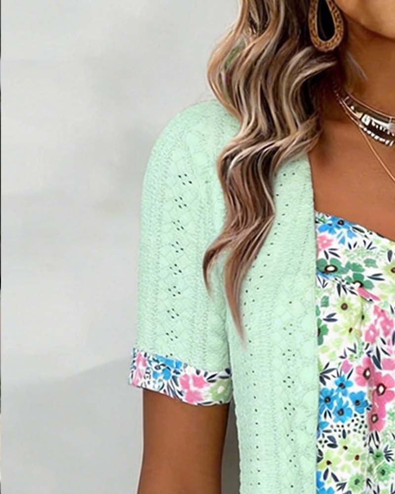Faux Two-Piece Print Hollow Blouse
