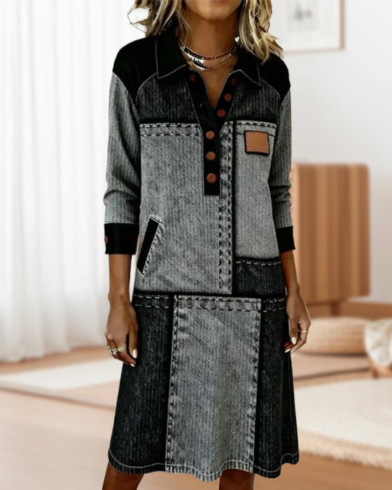 Button Lapel V-Neck Color Block Fashion Dress