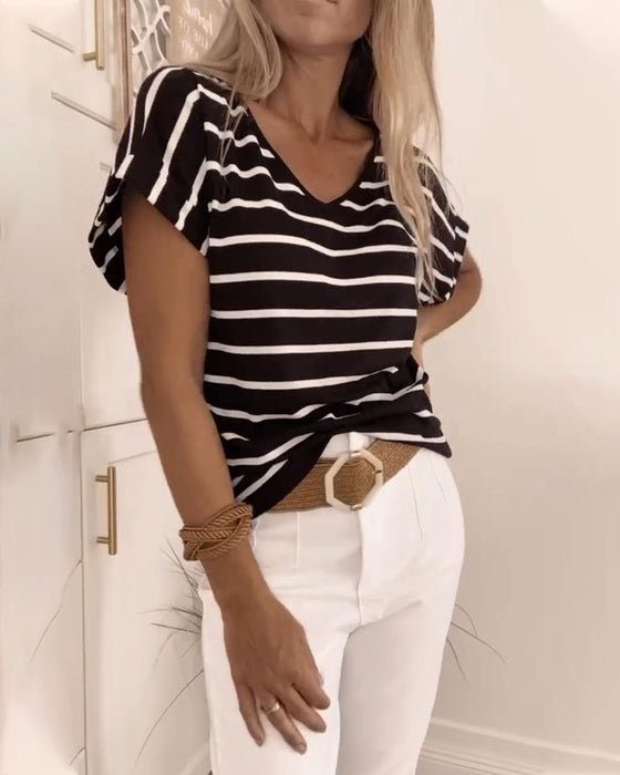 Simple striped printed V-neck casual top