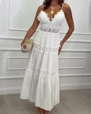 Lace Patchwork Spaghetti Strap V-Neck Dress
