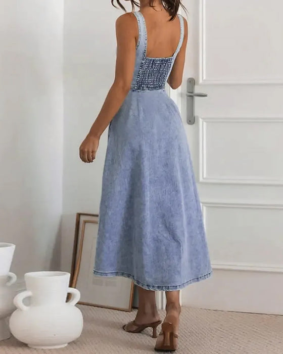 Spaghetti Strap Button Waist-Cinched Denim Dress