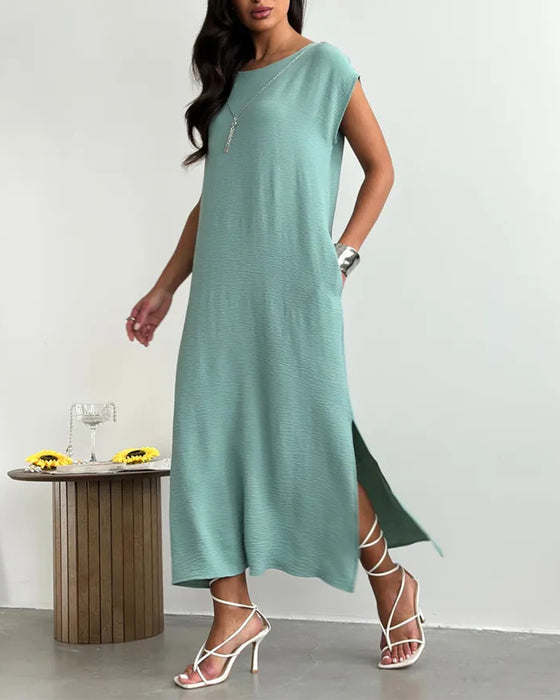 Midi Length Slit Loose Dress