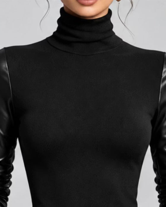 Turtleneck Patchwork Solid Top