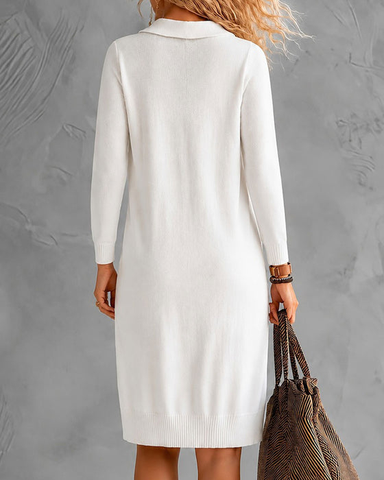 Lapel V-Neck Fitted Long Sleeve Dress